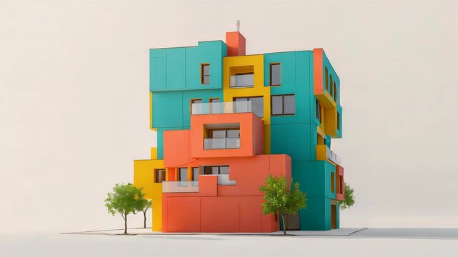 Colorful modular stacked building with vibrant geometric blocks orange base turquoise upper levels yellow accents small trees isolated