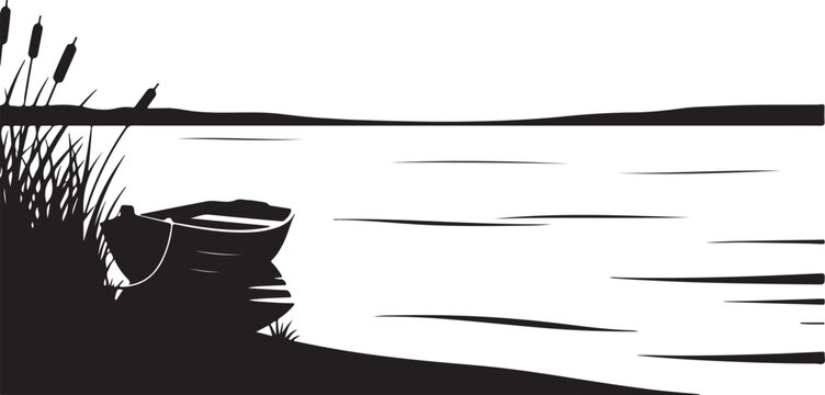 Dark blue silhouette of a small boat moored near the grassy shore of a tranquil lake under a light sky