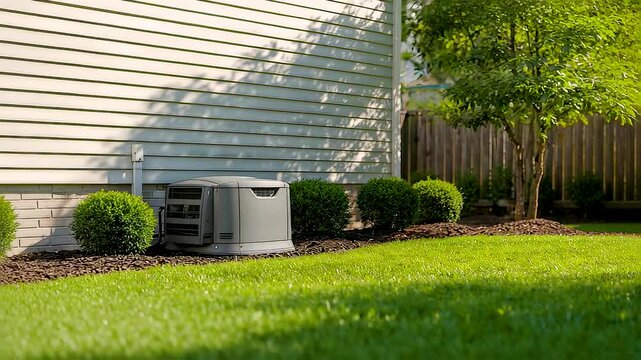 Residential air conditioning unit installed beside modern house with green lawn shrubs and clean siding in bright summer daylight