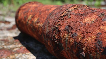 Fototapeta premium Close-up on the heavily rusted, textured surface of an old industrial pipe, showcasing intricate patterns of corrosion and decay