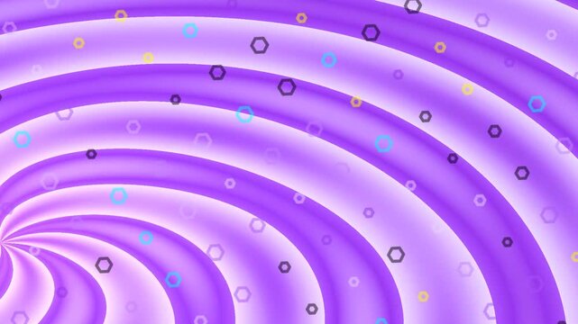 A vibrant purple and light purple spiral background with numerous small, colorful hexagonal outlines scattered across the swirling pattern.