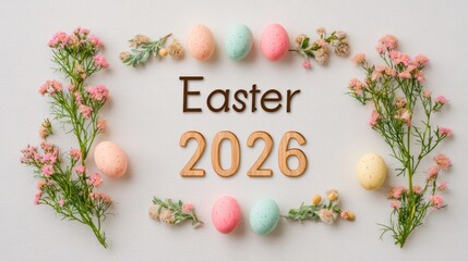 Easter 2026 Greeting Background with Pastel Eggs and Spring Flowers