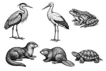 Fototapeta premium Detailed illustrations of birds, amphibians, and mammals in nature