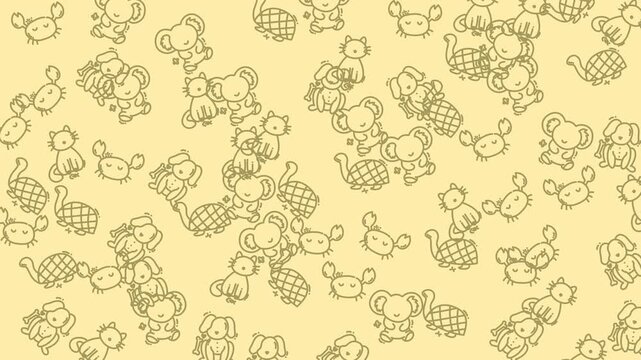 Repeating pattern of koalas, squirrels, and turtles on yellow ideal for childrens products, textiles, wallpaper, and stationery designs.