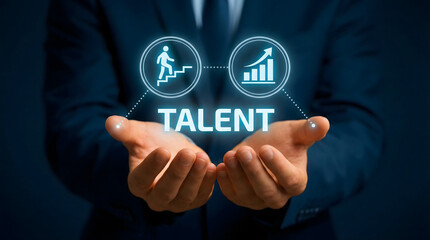 Fototapeta premium Business professional displays glowing virtual concept of talent development career progression and successful business growth