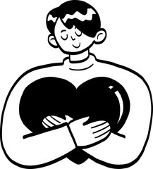 cartoon illustration of a man holding heart.