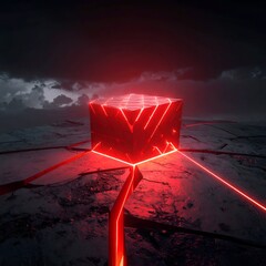 Red-lit cube on cracked terrain under ominous, stormy skies