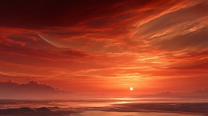 horizon of a dying planet as its sun expands into a red giant, sky burning in layers of orange and crimson, emotional apocalyptic beauty, hyper-realistic fine art, 