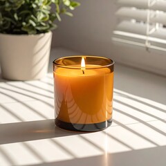 Lit candle in a glass holder by a houseplant and shuttered window