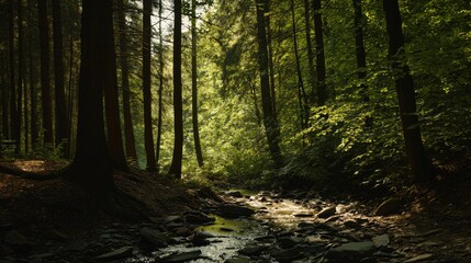 Obraz premium Sunlight Filtering Through Dense Forest Over a Peaceful Rocky Stream