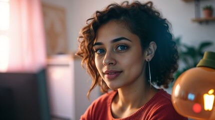 Smiling Diverse Woman Working Remotely in Cozy Home Office on Video Call