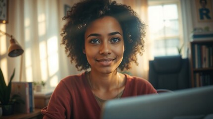 Smiling Diverse Woman Working Remotely in Cozy Home Office on Video Call