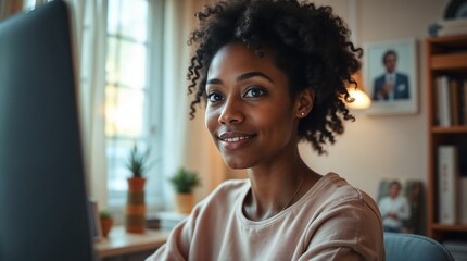 Smiling Diverse Woman Working Remotely in Cozy Home Office on Video Call
