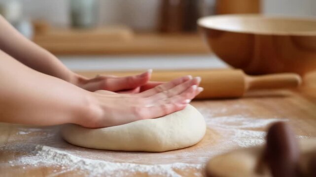 Hands kneading dough on a wooden countertop in a cozy kitchen. Represents the art of baking and the joy of homemade bread preparation