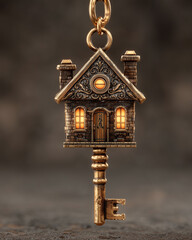 Luxury vintage house-shaped key with glowing windows hanging on chain on dark background with copy space. Premium real estate, home ownership, mortgage and property investment concept.