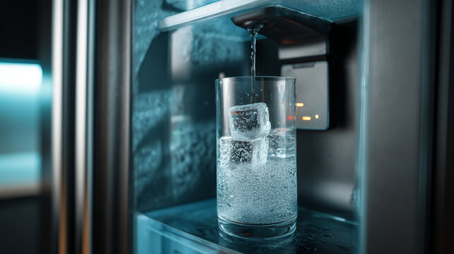 A glass filled with ice cubes is being filled with cold water from a water dispenser
