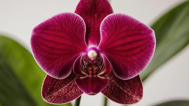 Beautiful close-up of vibrant purple orchid flowers in full bloom and green leaves