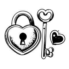 Heart shaped lock and key illustration isolated on white background