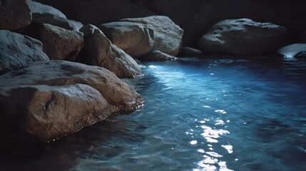 Fototapeta premium Mysterious ethereal blue light illuminates wet textured rocks at the edge of a dark tranquil natural pool