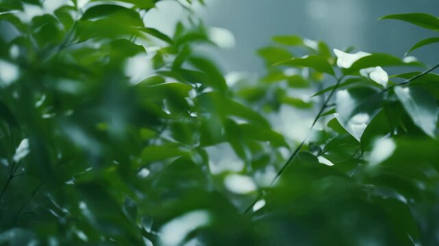 Green leaves on branches thriving in soft diffuse light, presenting a tranquil and organic texture, perfect for environmental themes, growth, and natural beauty