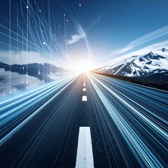 Road leads toward light, data streams, mountains, and a clear blue sky