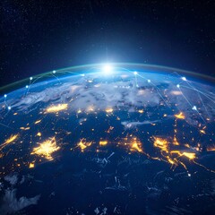 Earth at night with connecting lines, sunburst in a starlit sky