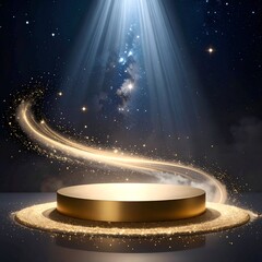 Golden stage illuminated by a spotlight against a starlit background