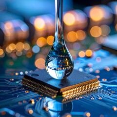 Close-up of a drop of liquid reflecting circuit board components