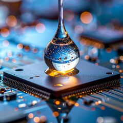Liquid drop refracts light, poised atop electronic circuit board
