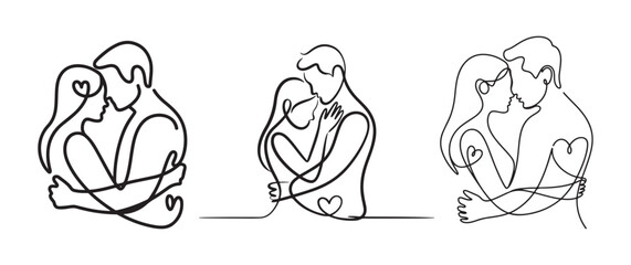 Three minimalist line art illustrations of couples in romantic embraces, with heart details