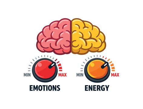 colored flat icon vector illustration isolated on white background brain with two volume knobs one for emotions one for energy both turned to extremes dysregulation symbol