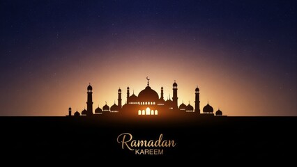 Ramadan Kareem greeting background with ornate mosque silhouette against a starry sunset sky, symbolizing the holy month of Islam.