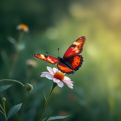 A Vibrant Orange Butterfly Resting Upon A Delicate White Flower Amidst A Soft Sunlit Garden Background.