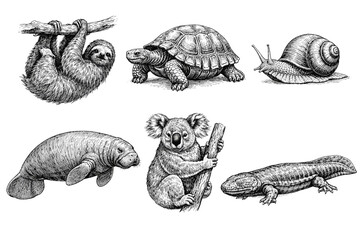 Obraz premium Realistic black and white illustrations of diverse animals in natural poses