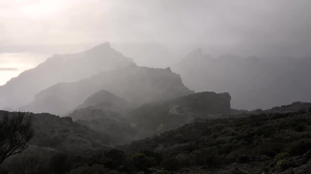 Beautiful sunset over the green volcanic landscape in Masca valley, Tenerife, Spain. Aerial view of Tenerife island landscape. Travel destination, Canary islands scenery