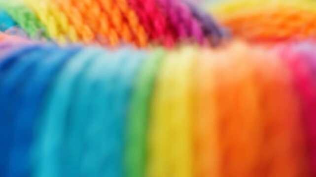 Vibrant rainbow yarn threads create a colorful and textured background.