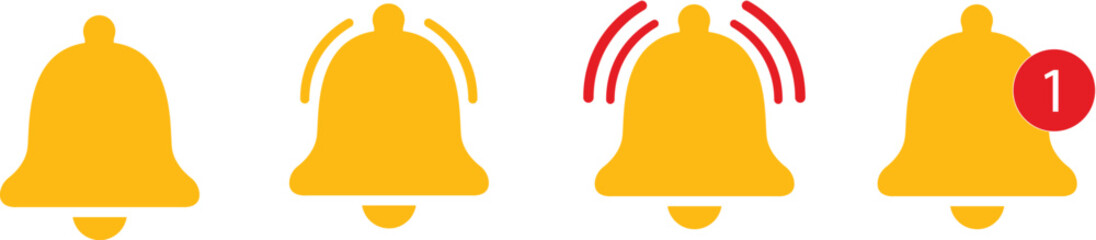 Notification bell icon set. Alarm symbol. Incoming message symbol. Bell for subscribe, alarm and push chat alert. New notification, reminder