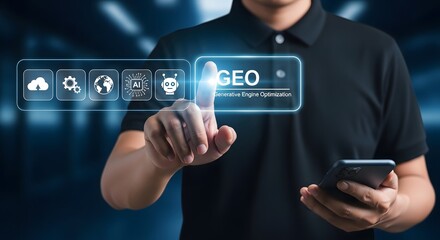 GEO Generative Engine Optimization Concept. Man Using Smartphone and Touching Virtual AI Interface.