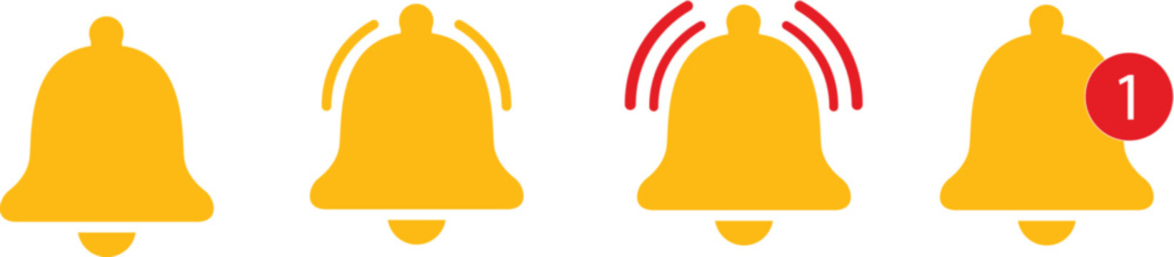 Notification bell icon set. Alarm symbol. Incoming message symbol. Bell for subscribe, alarm and push chat alert. New notification, reminder