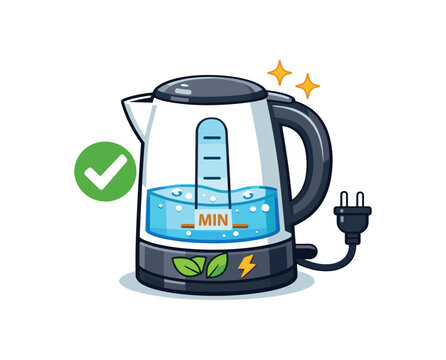 full color flat icon kettle filled to minimum line no overboiling electricity saving habit