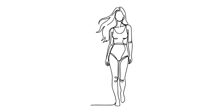 Female body or mannequin in full height in one line art style. Drawing with editable black stroke on white background.