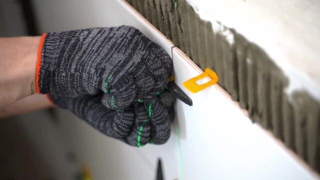A builder lays tiles on a wall in a residential building