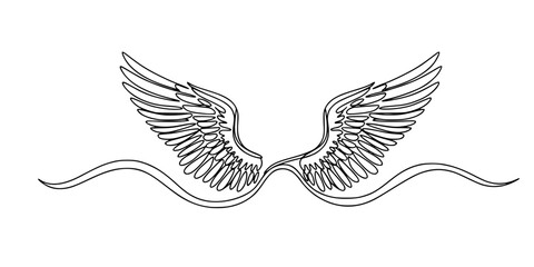 Obraz premium One continuous line of a pair of spread wings. Line art of angel or bird wings on a wavy horizontal line. Drawing in one line style with a black stroke.wing, angel, bird, flight, freedom, soul, heaven