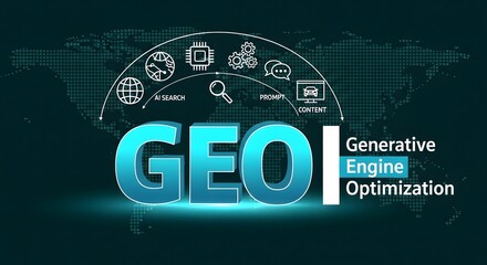 GEO Generative Engine Optimization Concept. 3D Text with Digital Marketing Icons on World Map Background.