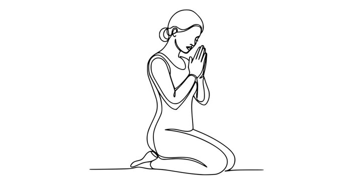 A woman kneeling in a prayer pose, symbolizing faith, humility, spirituality, and hope. Drawing in one line art style with editable black stroke.