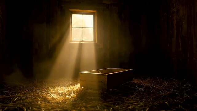 Sunlight streaming through small window inside rustic barn illuminating straw covered floor creating quiet rural interior mood