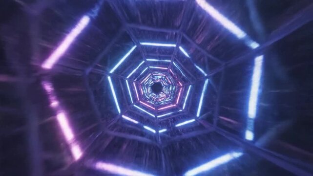A hexagonal tunnel with colorful, glowing neon lights. The structure seems like crystals or ice