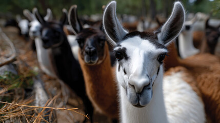 Obraz premium A close-up shot of a group of llamas in various colors displays their distinct features and characteristics, inviting appreciation for their beauty and the natural world.