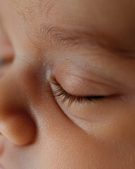 Obraz premium This close-up shot presents the delicate features of a baby's eye, capturing soft skin texture and long eyelashes in a heartwarming moment of innocence and purity.