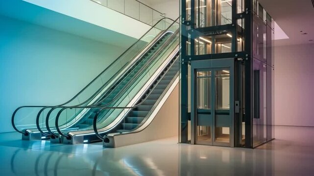 Modern architecture featuring escalators and a glass elevator in a brightly lit space.